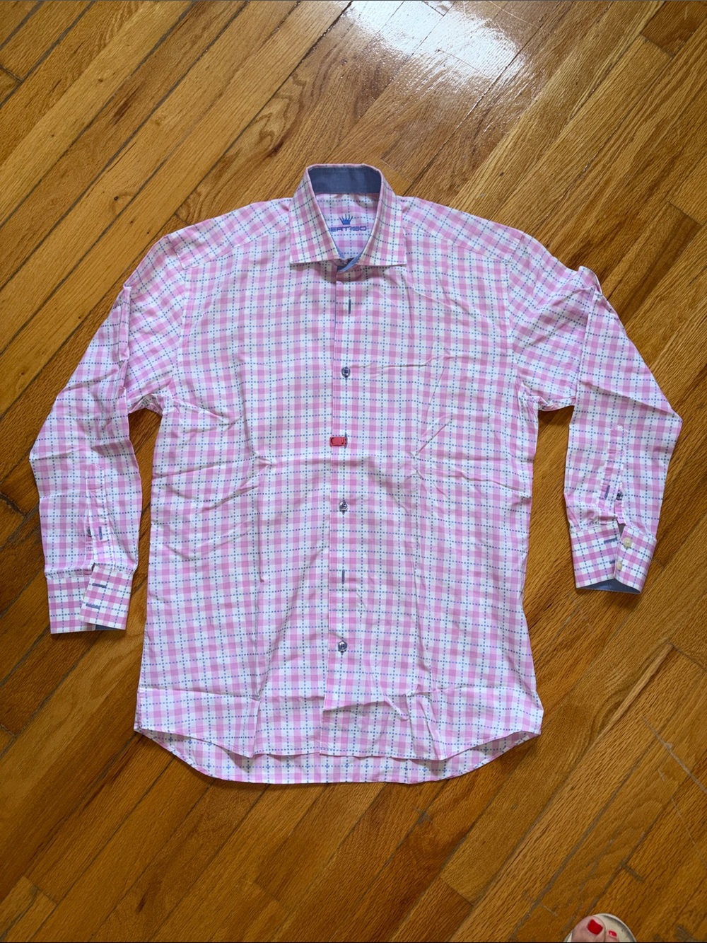 Bertigo Men's Pink Plaid Long-Sleeve Dress Shirt with Contrast Collar
